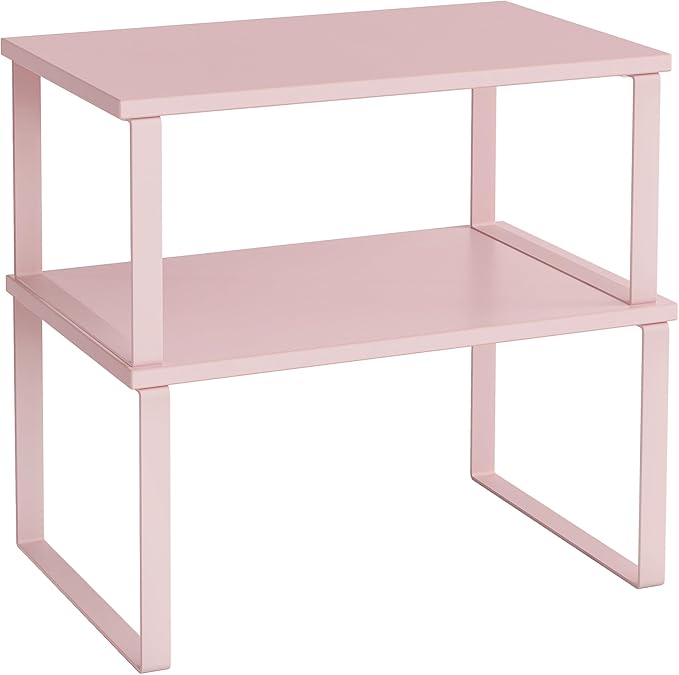 SONGMICS Cabinet Organizer Shelf, Set of 2 Kitchen Counter Shelves, Kitchen Storage, Spice Rack, Stackable, Expandable, Metal and Engineered Wood, Jelly Pink UKCS020S01
