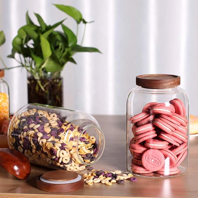 Thicken Glass Storage Jar, Food Storage Container/Canisters with Airtight Wooden Lid for Tea, Coffee, Honey, Cacao Powder,BPA Free Perfect as a Cereal Dispenser (7.6inch 2pcs)