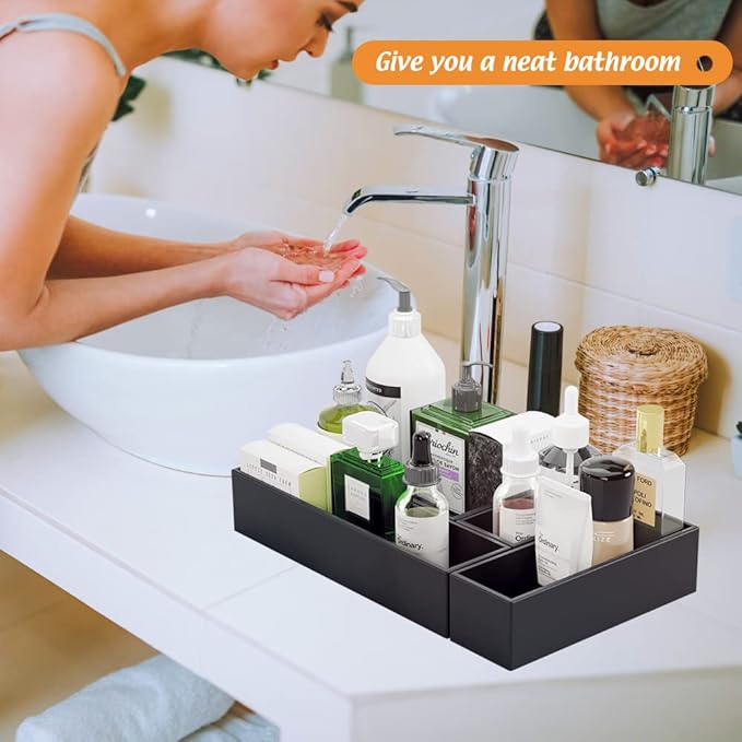 Black Bamboo Drawer Organizer - Silverware&Utensil Holder Organizer for Kitchen Drawers, Multi-Use Drawer Dividers Boxes for Bathroom Counter,Cabinet, Garage, Office Desk, Makeup, Jewelry (6"3"2.5")