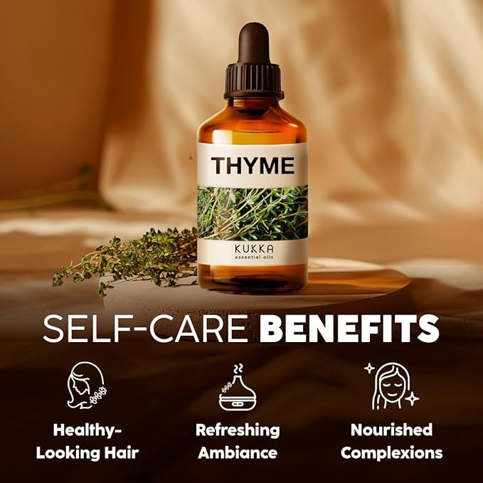 Kukka Thyme Essential Oil for Hair, Skin & Diffuser - 4 Fl Oz - 100% Pure Natural Thyme Oil, Herbaceous Scent, for Aromatherapy & Making Scent DIY