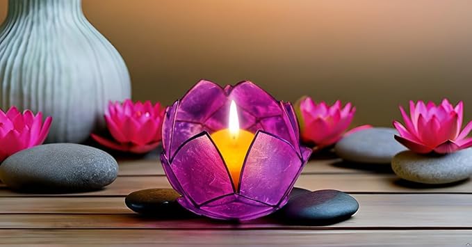 Blooming Lotus Capiz Shell Tealight Candle Holder, Handcrafted Decorative Tea Light Candleholder with Translucent Flower Petals for Ambient Illumination and Natural Elegance, Purple
