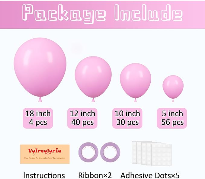 130pcs Pink Balloons Different Sizes 18" 12" 10" 5" Party Latex Balloons for Birthday Baby Shower Wedding Anniversary Princess Theme Party Decorations