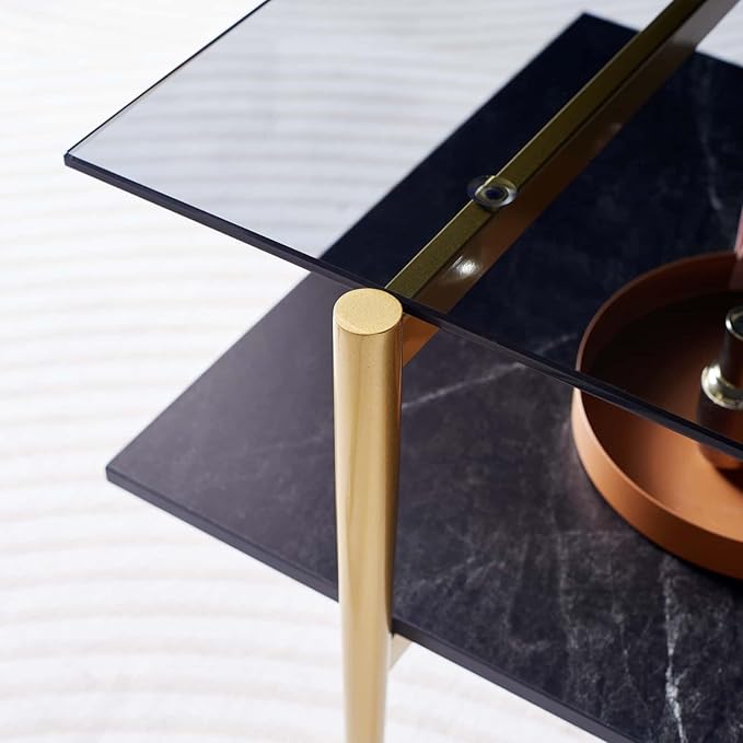 Rectangle Coffee Table for Living Room, Mid-Century Modern Design, L41 x W21 x H17, 2-Tier Structure, Clear Glass Top and Black Marble Wood Shelf, Conical Metal Legs with Gold Finish