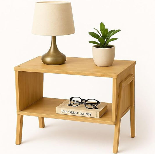 Bamboo End Table for Living Room – Low Side Table with Storage Shelf, Minimalist Accent Table with Natural Wood Finish, Small Modern Nightstand for Sofa or Couch Side