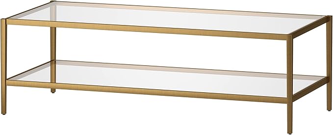 Henn&Hart 54" Wide Rectangular Coffee Table with Glass Shelf in Antique Brass, Modern coffee tables for living room, studio apartment essentials