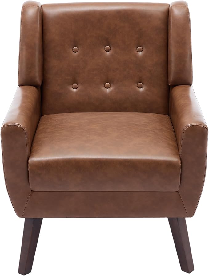 UIXE Faux Leather Accent Chair, Morden Upholstered Armchair for Living Room, Button Tufted Arm Chair Comfy Single Sofa Bedroom Side Reading Seat - Coffee