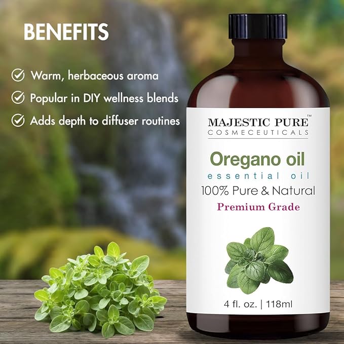 Majestic Pure Oregano Essential Oil with Glass Dropper - Huge 4 Fl Oz - 100% Pure and Natural Oregano Oil - Premium Grade Essential Oils for Diffuser, Aromatherapy, Soap and Candle Making