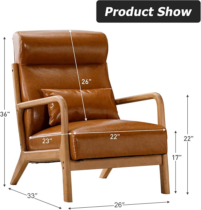 INZOY Mid Century Modern Accent Chair with High Back, PU Leather Reading Armchair with Waist Cushion, Upholstered Wood Frame Living Room Chairs for Bedroom Sunroom, Camel