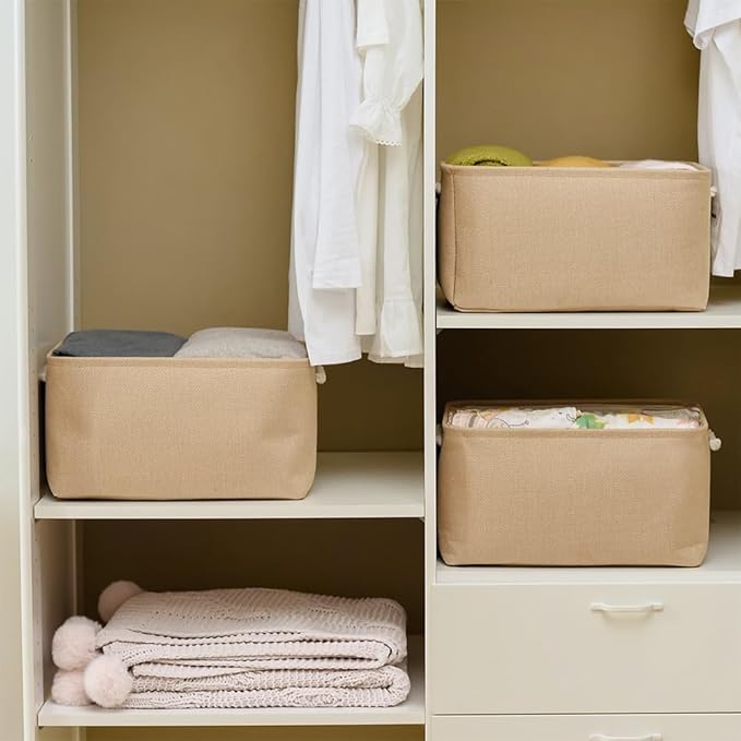 Organization and Storage Basket for Gifts Empty - 16x12x8 inch Large 4 Pack Fabric Storage Cube Collapsible Baskets for Shelves with Handles, Storage Box for Cloth Books Laundry Canvas(Beige)