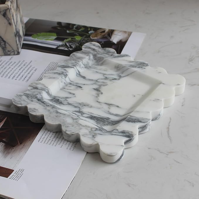 Natural Luxury Marble Tray with Scalloped Edge, Handmade Square Decorative Tray, Catch All Tray for Counter, Dresser, Nightstand and Home Décor (Arabescato Calacatta)