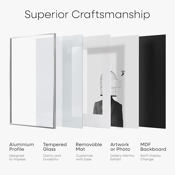 Homeforia 16 x 20 Picture Frame Silver, High End Metal 16 x 20 Frames with Mat 11 by 14 Photo, 16x20 Silver Poster Frame Matted to 11x14 Print, 20x16 Hanging Frames, Tempered Glass, Wall Kit, Set of 1
