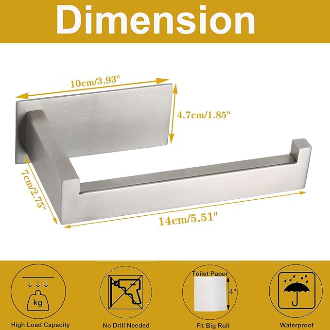 Toilet Paper Holder, Self Adhesive Tissue Holder Stainless Steel Rustproof Paper Roll Holder, No Drilling Easy to Install, Toilet Paper Rack Suitable for Office, Bathroom (Brushed Nickel)