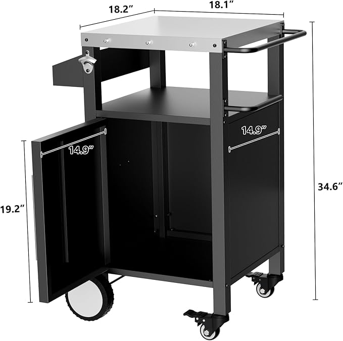 KEIKI Outdoor Grill Cart with Storage and Wheels, Rolling BBQ Prep Table with Spice Rack, Hooks, and Side Handles, Black Metal Bar Cart for Patio Kitchen and Grilling Accessories