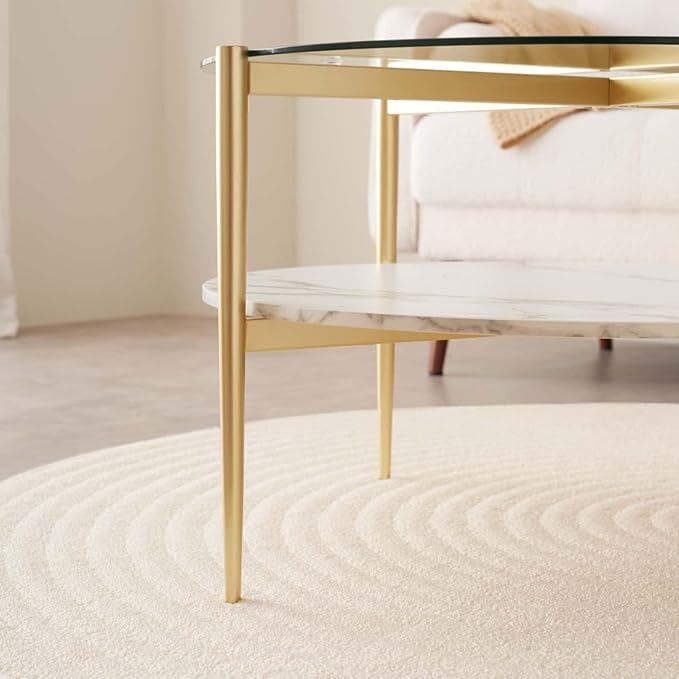 Round Coffee Table for Living Room, Mid-Century Modern Design, D30 x H17, 2-Tier Structure, Clear Glass Top and White Marble Finish Wood Shelf, Sleek Conical Metal Legs with Gold Finish Frame