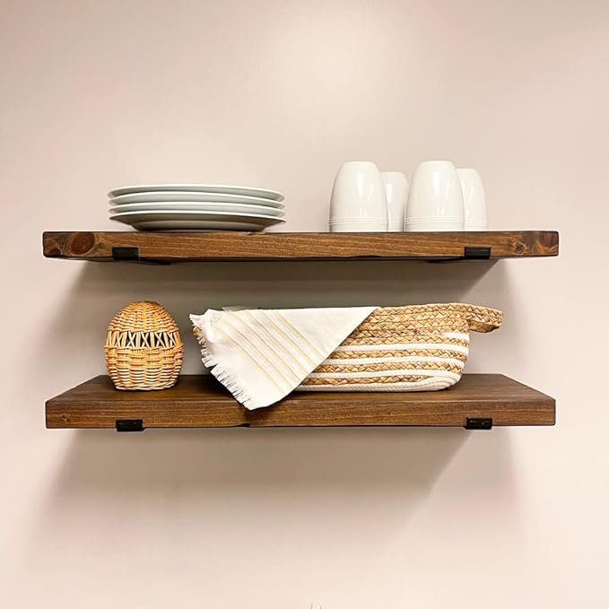 Rustic Shelves with J-Brackets Set of 2, Industrial Shelf, Kitchen Shelves, Solid Wood, Decorative Wall Storage, Heavy Duty, URBANDI (Provincial, 24Wx8D)