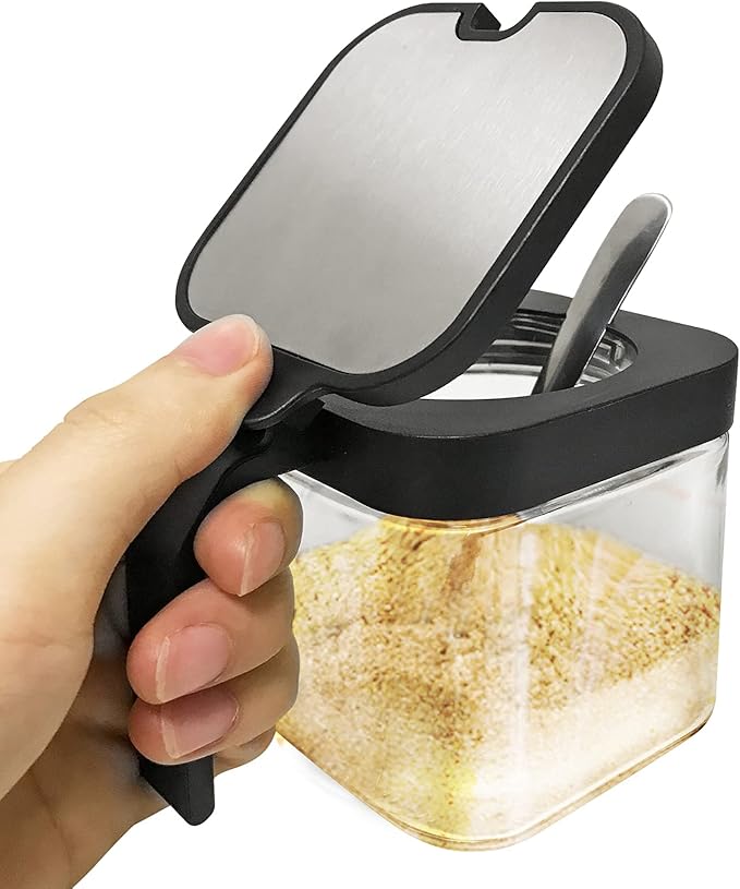 XIUDI Glass Spice Jars(3 piecesset),Seasoning Containers with 304 Stainless Steel Lids and Spoons,Clear Glass Condiment Canisters Pots Seasoning Box Salt Container Sugar Bowl,for Kitchen,