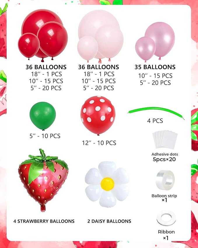 Strawberry Balloons Arch Garland Kit, 135PCS Red and Pink Balloons with Strawberry Daisy Foil Balloons for Sweet Girl Berry First Birthday Decor Baby Shower Themed Party Decorations