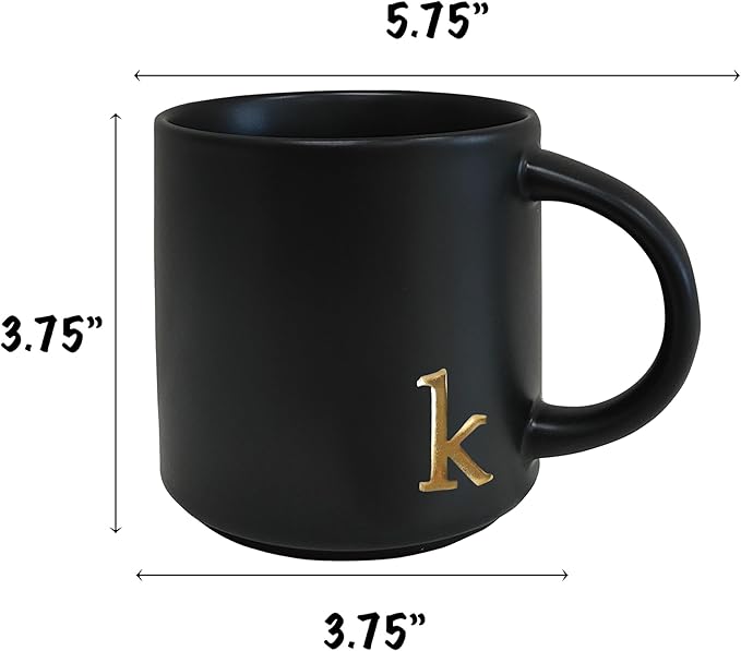 COLLECTIVE HOME - Black Monogram Ceramic Mugs, 15 oz Golden Initial Coffee Cups, Elegant Alphabet Tea Mugs, Personalized Halloween Mug with Gift Box, Perfect for Office and Home Décor (k)