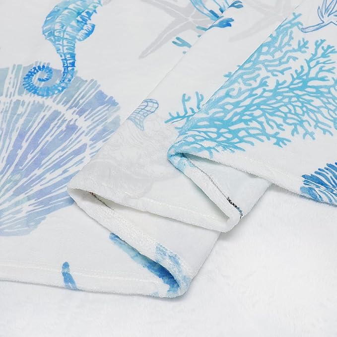 Blue Ocean Beach Throw Blanket Nautical Coastal Bed Blanket Starfish Seashell Coral Blankets Super Soft Flannel Fleece Throw Blanket for Couch Bed Decor “60 x80”