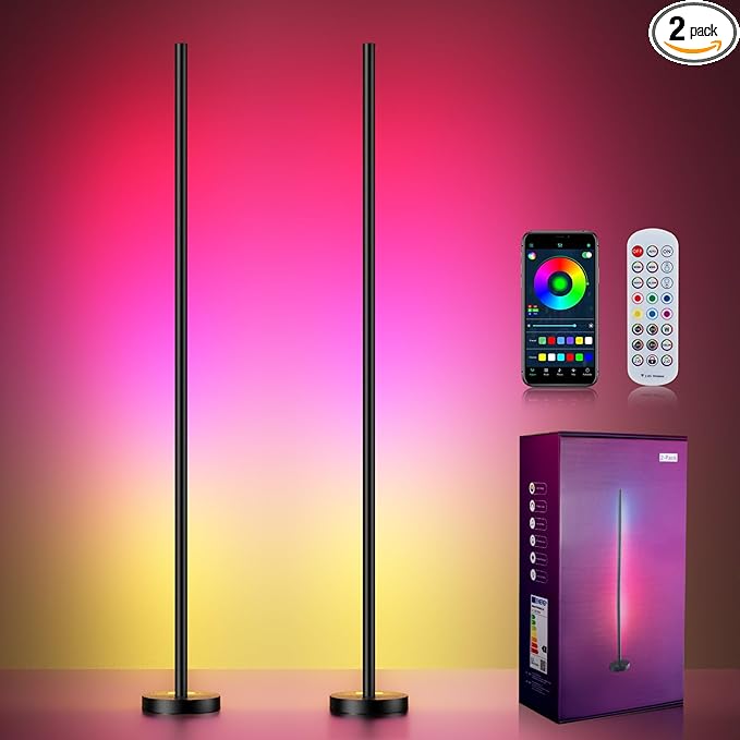 Smart RGBICW LED Corner Floor Lamp 2 Pack - 16 Million DIY Colors, 68+ Scenes, Music Sync, App & Remote Control, Color-Changing Ambient Lighting for Living Rooms, Bedrooms, and Gaming Rooms