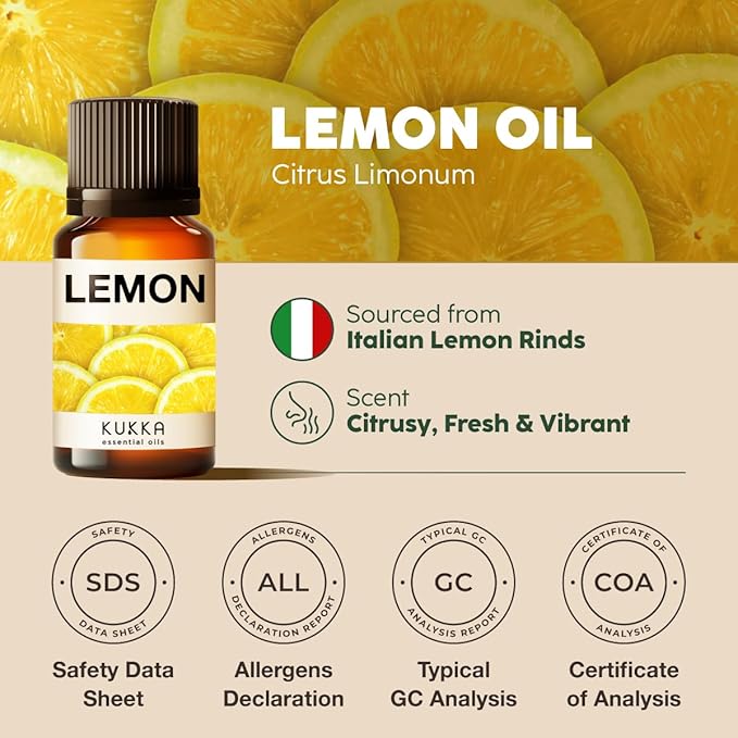Kukka Lemon Essential Oil for Skin, Diffuser & DIY - 0.34 Fl Oz - 100% Pure Natural, Fresh Lemon Scent, for Cleaning,Aromatherapy,Candles,Soap Making Scent DIY