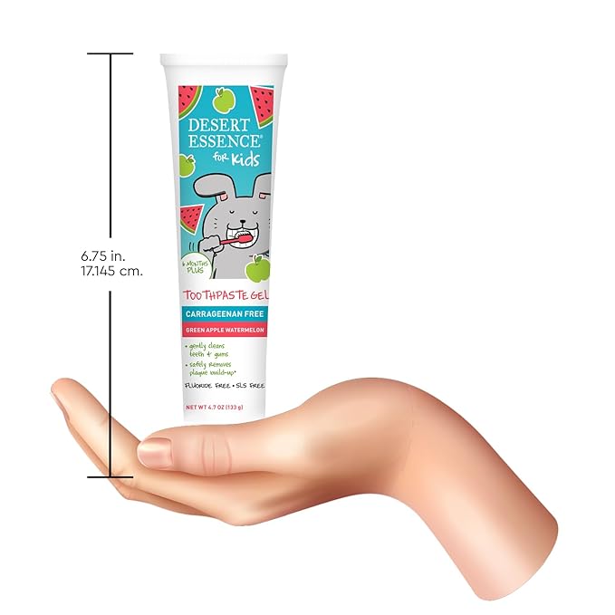 Desert Essence, Green Apple Watermelon Toothpaste Kids Gel, 4.7 oz. - Safe to Swallow, Fluoride Free, SLS Free, Gluten-Free, Vegan, Plant Powered Formula, Great Tasting, Removes Plaque and Buildup
