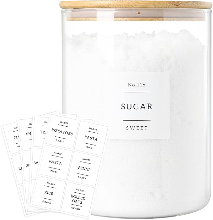 Large Glass Flour and Sugar Containers Jars with Bamboo Airtight Lid - 100 Fl Oz (3000ml) with Kitchen 42 Pantry Labels for Dry Food, Flour, Pasta, Cereal