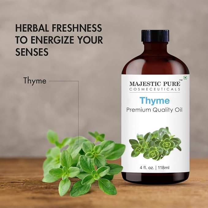 Majestic Pure Thyme Essential Oil with Glass Dropper - Huge 4 Fl Oz - 100% Pure and Natural Thyme Oil - Premium Grade Essential Oils for Diffuser, Aromatherapy, Soap and Candle Making