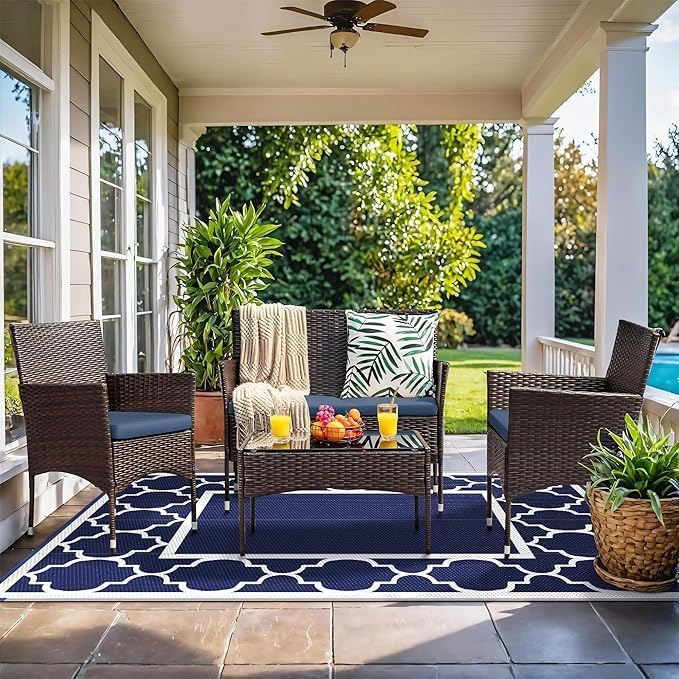 GENIMO Outdoor Rug Waterproof for Patio Decor, 8'x10' Reversible Plastic Straw Rug Carpet, Camping Mats for Outdoor, RV, Backyard, Deck, Balcony, Picnic, Blue & White