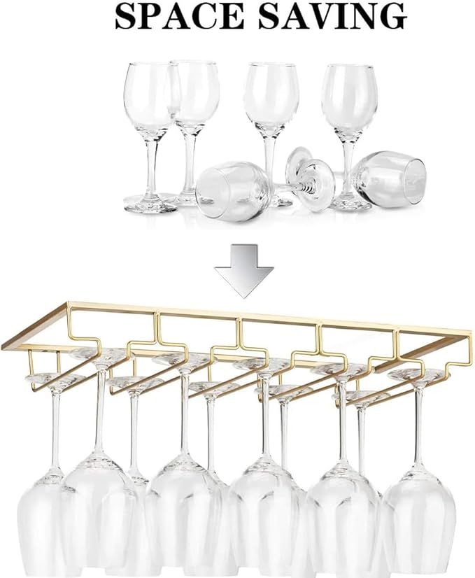 Wine Glass Rack - Under Cabinet Stemware Wine Glass Holder Glasses Storage Hanger 2 Pack Metal Organizer for Bar Kitchen 5 Rows Gold