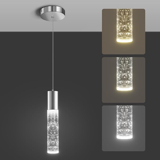OKELI Modern Pendant Light,3 Color LED Bubble Crystal Island Light Fixtures,Chrome Mini Pendant Lighting for Kitchen Island,Bar,6W,3000-6000K,ETL