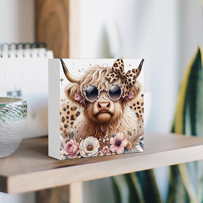 Highland Cow Decor, Highland Cow Gifts for women, Cow With Leopard Bow, Highland Cow Nursery Decor, Wooden Box Decor Sign for Home Farmhouse Office Living Room Table Shelf
