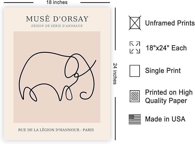 Poster Master Vintage Poster - Retro One Line Elephant Drawing Print - Elephant Art - Minimal Gift for Men, Women, Animal Lover - Abstract Wall Decor for Home, Office, 18x24 Unframed Wall Art