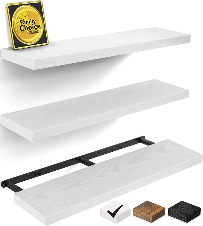 BAYKA Floating Shelves for Wall, 36 inches Wall Mounted Rustic Wood Shelves for Bathroom, Bedroom, Living Room, for Storage/Decor with 30lbs Capacity๏ผWhite,Set of 3