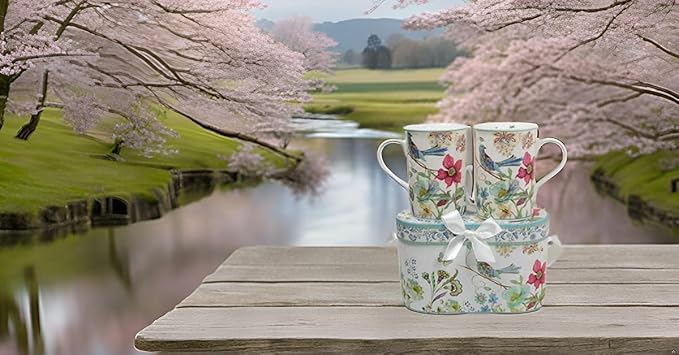 Lightahead Elegant Bone China Two Coffee Mugs set in Blue bird design 11.2 oz each cup in attractive gift box