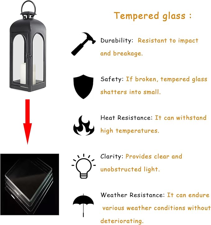 Bdor 2 Pack 16 Inches Metal and Tempered Glass Decorative Lantern with Electronic Wax Effect - Indoor/Outdoor Decorative Lighting, Handcrafted Aesthetic, Perfect for Home, Parties, and Holiday Decor