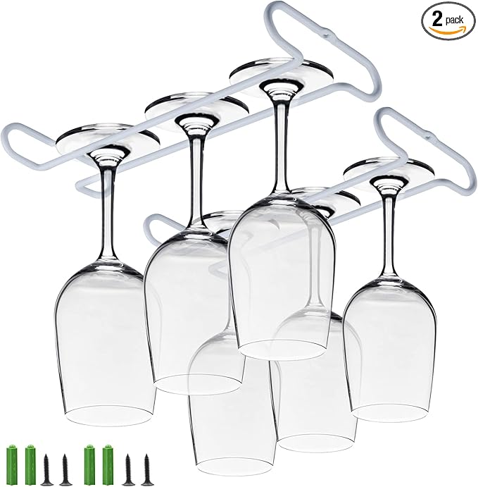 set 2 White Wine Glass Rack Under Cabinet Shelf 10 Inch Stemware Storage Hanging Hanger Organizer Glasses Holder with Drying Under Counter Metal for Kitchen and Bar