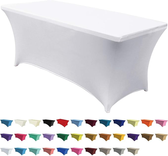 ABCCANOPY 6 FT White Spandex Table Cover Stretch Fitted Wrinkle Resistant Tablecloth Reuse for Rectangular Folding Table Patry Event Wedding Banquet Protector