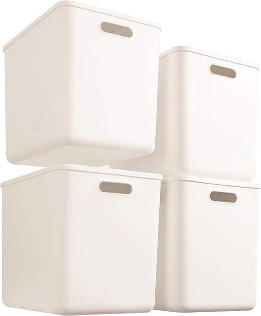 4 pack large plastic White storage bins Baskets, Toy Box Chest with Lids and Handle,Organizer Containers for Baby,Kids,snacks,Nursery,Shelves,Playroom, Bedroom,Office,Closet,home
