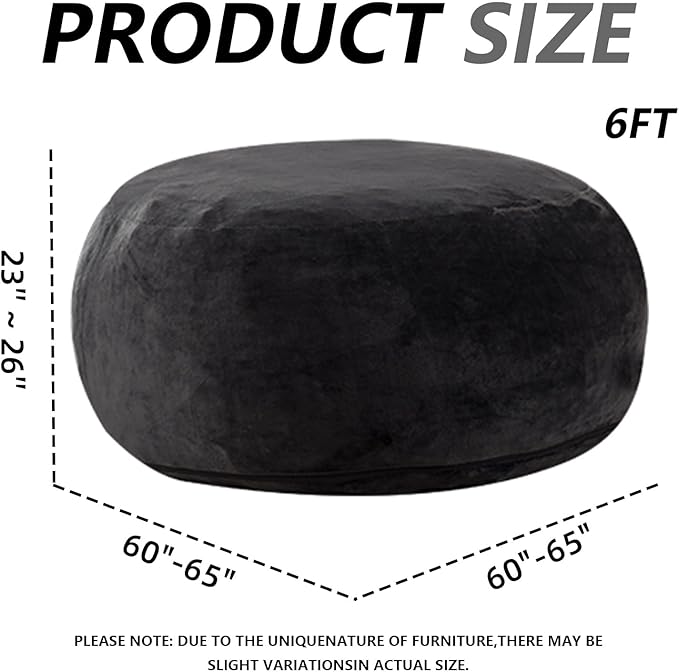 6FT,Oversized Bean Bag Chairs for Adults,Giant beanbag with Filler Included,Fluffy Memory Foam,Soft and Comfy Corduroy Fabric,Gaming Chairs Suitable for Living Room and Bedroom (Black, 6 Foot)