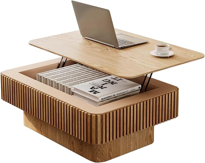Lift Top Coffee Table with Storage, Solid Wood Coffee Table with Adjustable Height, Fluted Center Table Accent Tea Table for Living Room, Apartment, Office (38.6" Natuall)
