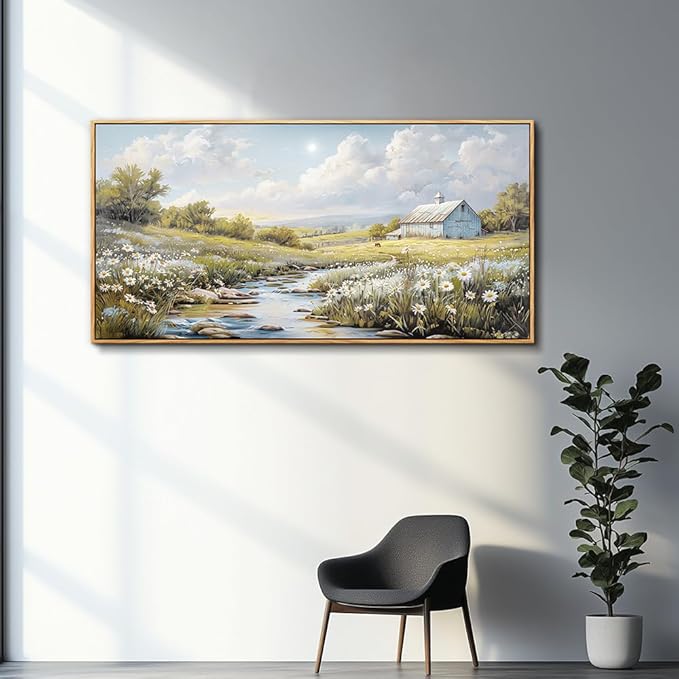 PHAOHUAXM Wood Framed Wall Art For Living Room Large Canvas Wall Decor For Bedroom Flower Watercolour Painting Office Decor Countryside Scenery Wall Picture Printing Artwork Home Decor 20x40 In