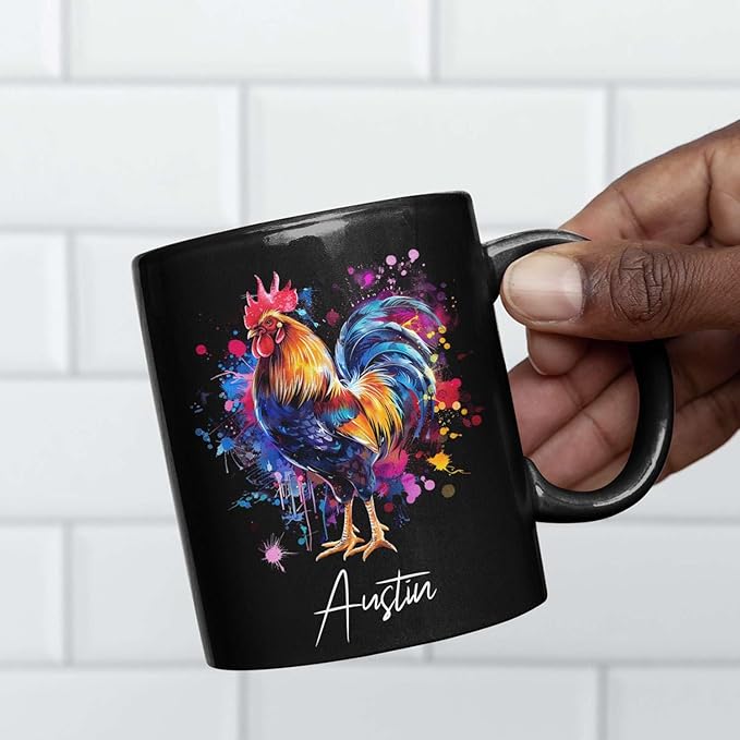 Customized Name Rooster Coffee Mug - Gift for Men Women, Personalized Black Cup, Unique Chicken Ceramic 11oz 15oz, Funny Colorful Themed