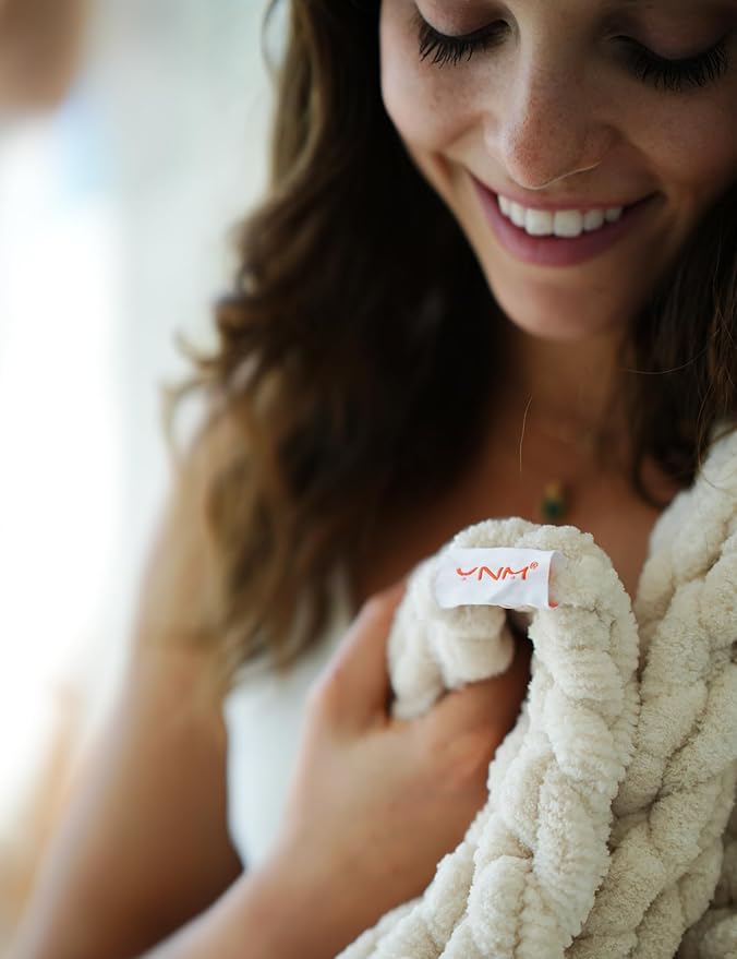 YnM Chunky Throw Blanket, Hand Knitted with Chenille Yarn, Skin Friendly, Ventilated and Breathable, Machine Washable, Home Décor Piece for Couch, Sofa and Bed (Butter Cream, 40x50 Inch)