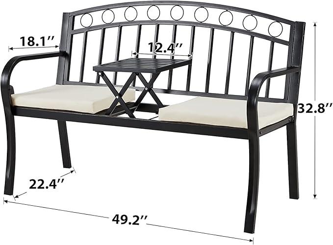 AVAWING Outdoor Metal Garden Bench, 2-Seat Patio Porch Bench with Steel Frame, Park Bench w/Pullout Middle Table& Cushion for Backyard Lawn Deck Entryway, Black