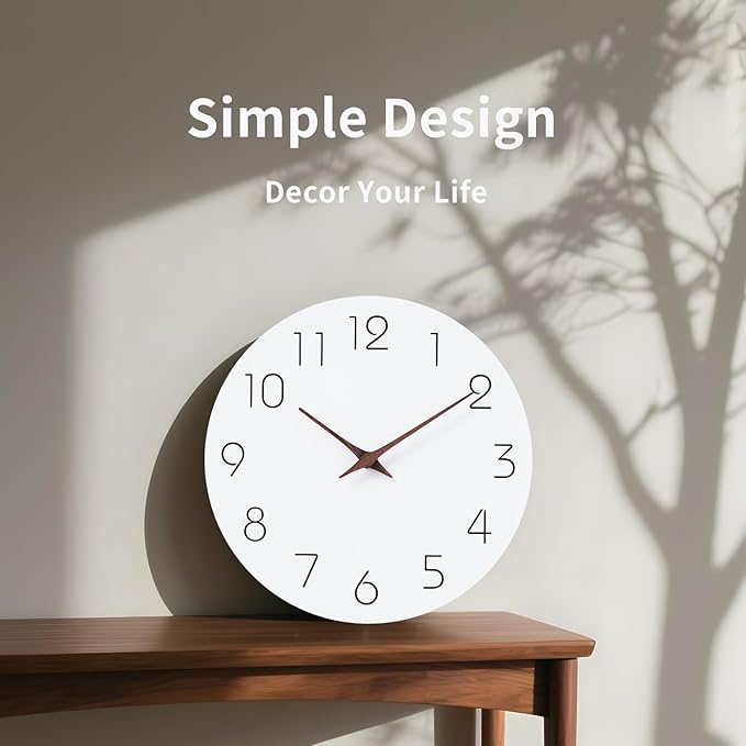 Mosewa Wall Clock 10 Inch Silent Non Ticking Wood Battery Operated Wooden White Modern Office Simple Minimalist Decorative for Kitchen Home Bathroom Living Room