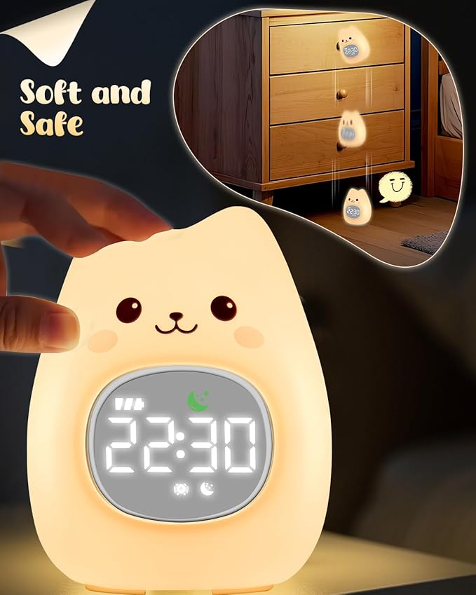 Cat Alarm Clock for Kids with Night Light, Sleep Training Clock Time to Wake Clock, Rechargeable Silicone Light for Bedroom, Perfect Sleep Companion for Boys Girls