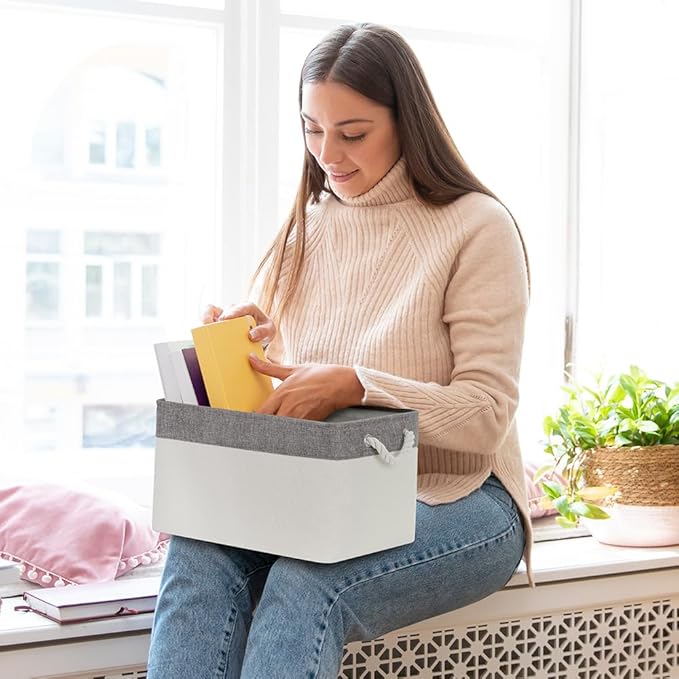 Organization and Storage Bins for Shelves - Large 4 Pack 16x12x8 inch Collapsible Storage Basket for Organizing, Fabric Storage Cubes for Box Closet Cloth Toy Nursery Books Kids (Grey & White)