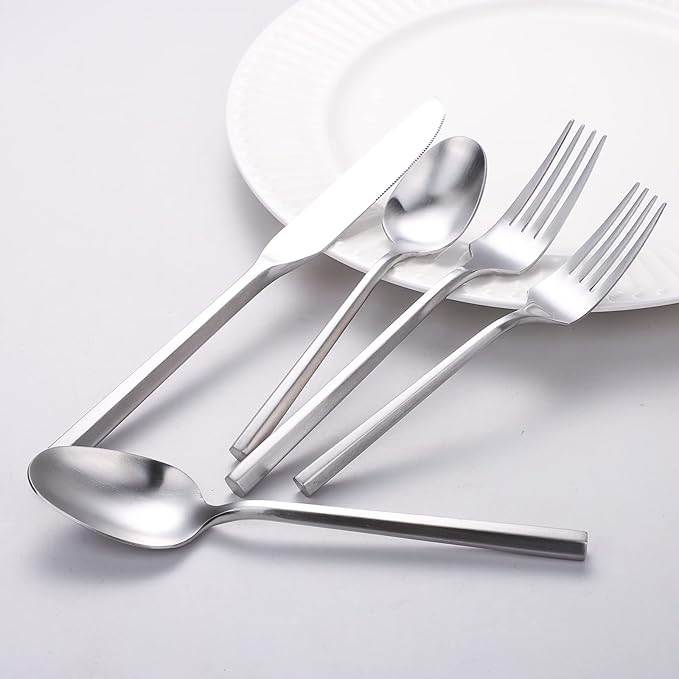 Matte Silverware Set Silver Flatware Set with Hexagon Handle 20 Pieces 18/0 Stainless Steel Cutlery Set Wedding Housewarming Gift Service for 4 (Matt silver)