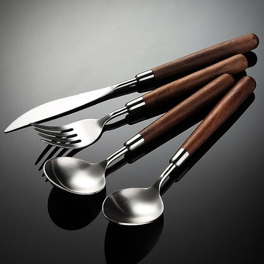 Silverware Set 12 Piece Flatware Cutlery Set Service for 3,18/10 Stainless Steel Forged Walnut Wooden Handle Matte Brushed Dishwasher Safe Premium Durable Utensil Sets for Home Kitchen Wedding
